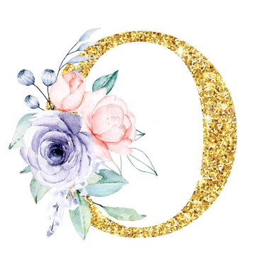 Altın alfabe, çiçek ve yapraklarla O harfi, suluboya resim, çiçek başlığı
