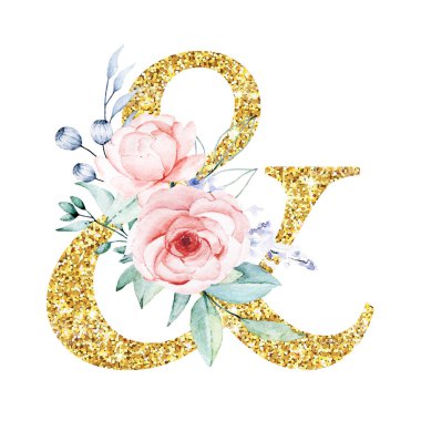 ampersand symbol on white background, watercolor painting with flowers