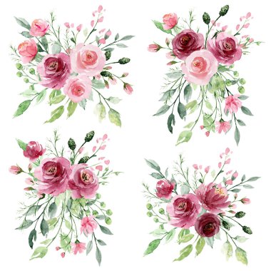 Floral collection with watercolor flowers, set of colorful bouquets
