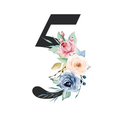 number 5 on white background, with flowers and leaves made with watercolor, floral monogram