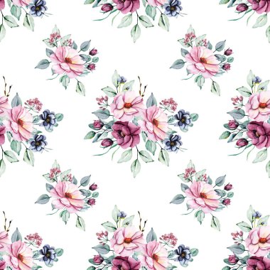 Kusursuz bir arka plan, suluboya çiçekli çiçek deseni. Kumaş duvar kağıdı desenini tekrarla