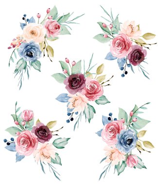 Floral collection with watercolor flowers, set of colorful bouquets
