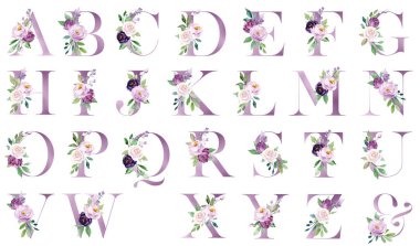 Floral alphabet, letters set with watercolor flowers and leaves