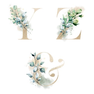 floral alphabet, letters Y, Z and ampersand symbol with watercolor flowers, creative art design, monogram initials