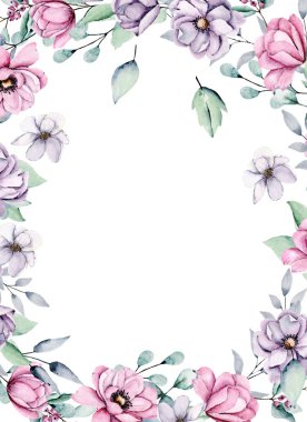 Suluboya çiçekler, tebrik kartı, davetiye ve diğer baskı tasarımları için çiçek çerçevesi. Beyazda izole edilmiş. El çizimi.