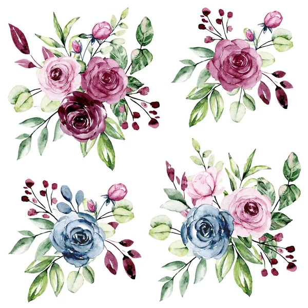 Bloemen Collectie Met Aquarel Bloemen Set Van Kleurrijke Boeketten — Stockfoto