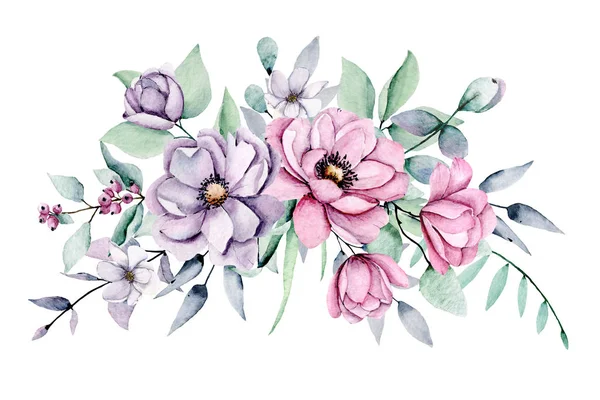 Watercolor flowers with leaves, hand painting floral concept