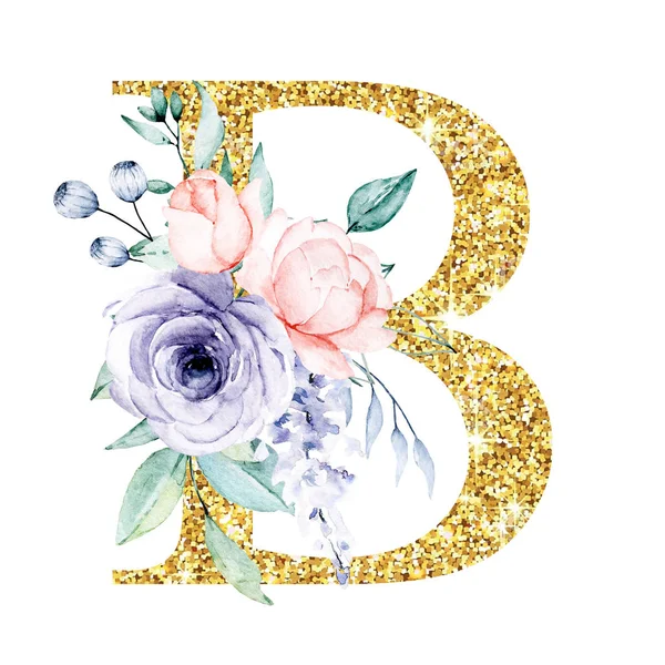 Golden Alphabet Letter Flowers Leaves Watercolor Art Painting Floral Monogram — 스톡 사진