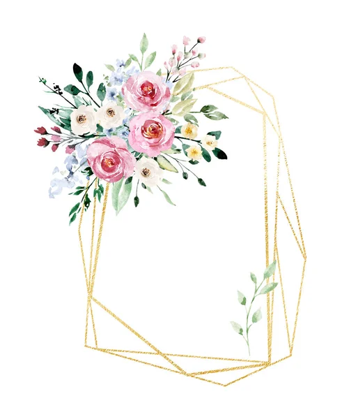 Floral Gold Frame Border Watercolor Flowers Perfectly Wedding Birthday Party — 스톡 사진