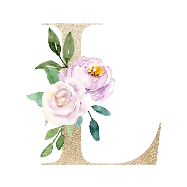 水彩画 花と葉の文字L 花のアルファベット — ストック写真