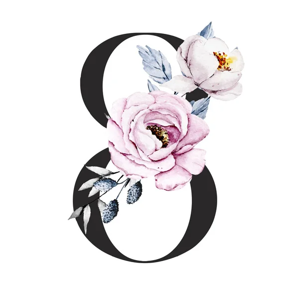 Number Hand Drawn Watercolor Floral Art Painting Design — 스톡 사진