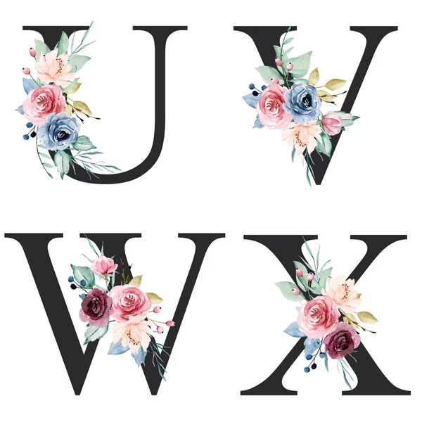 Floral Alphabet Letters Watercolor Flowers Creative Art Design Monogram Initials — 스톡 사진