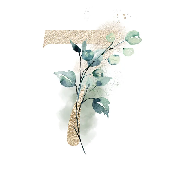 Nummer Met Aquarel Bloemen Bladeren Bloemen Monogram Met Hand Getekend — Stockfoto