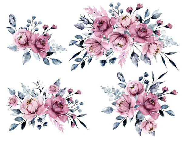 Kolekcja Kwiatowa Akwarelowymi Kwiatami Zestaw Kolorowych Bukietów — Zdjęcie stockowe