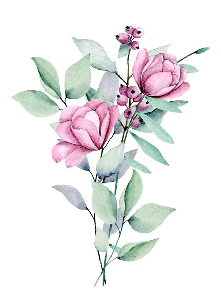 Akvarell Blommor Med Blad Handmålning Blommigt Koncept — Stockfoto