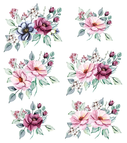 Floral Collection Watercolor Flowers Set Colorful Bouquets — 스톡 사진