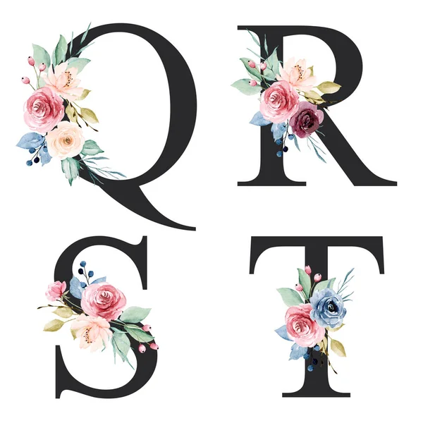 floral alphabet, letters Q, R, S, T with watercolor flowers, creative art design, monogram initials