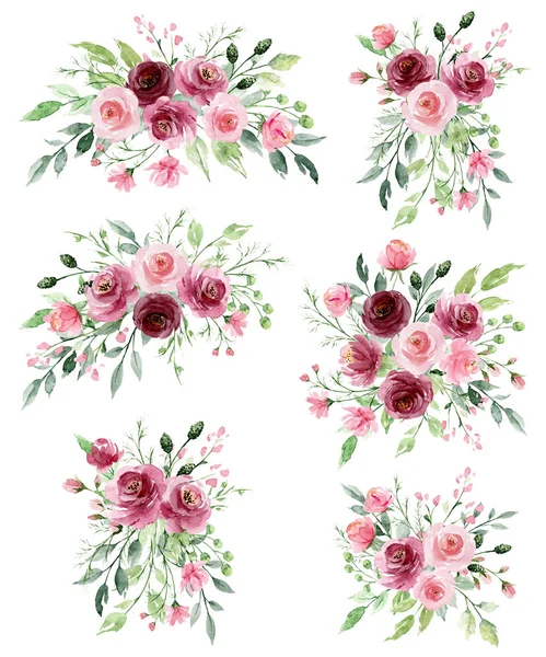 Bloemen Collectie Met Aquarel Bloemen Set Van Kleurrijke Boeketten — Stockfoto