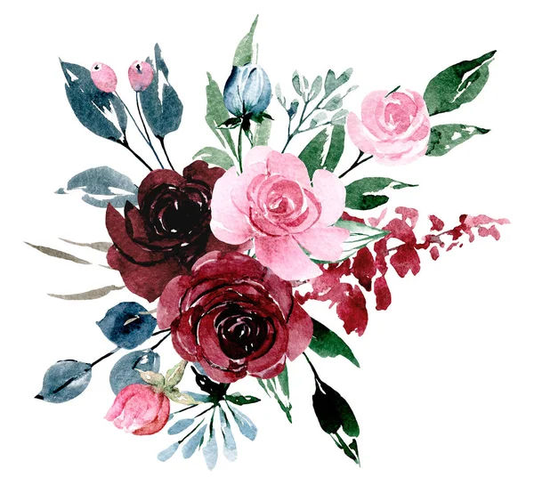 Suluboya çiçekler, tebrik kartı için çiçek buketi, davetiye ve diğer baskı tasarımları. Beyazda izole edilmiş. El çizimi.