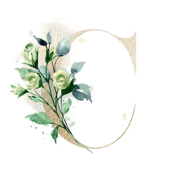 Beautiful Floral Letter Watercolor Flowers Leaves — 스톡 사진