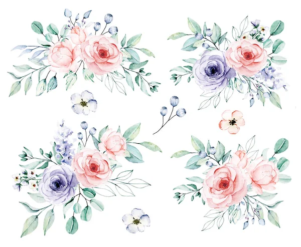 Bir Dizi Suluboya Çiçek Çizimi Klasik Dekorasyon — Stok fotoğraf