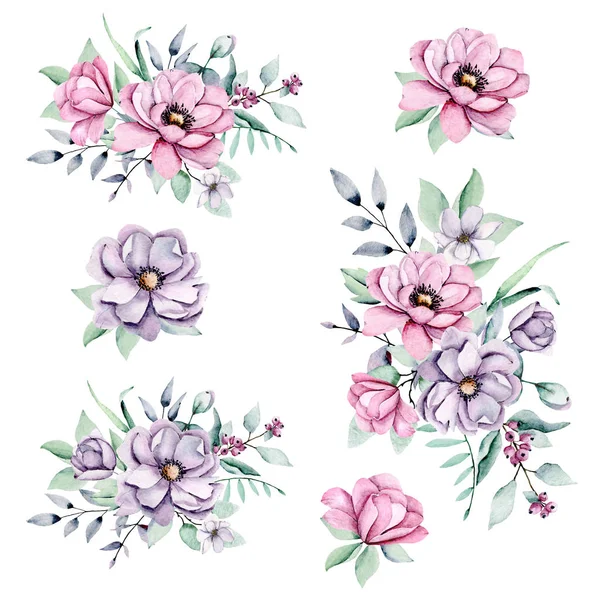 Floral Collection Watercolor Flowers Set Colorful Bouquets — Stock Photo, Image