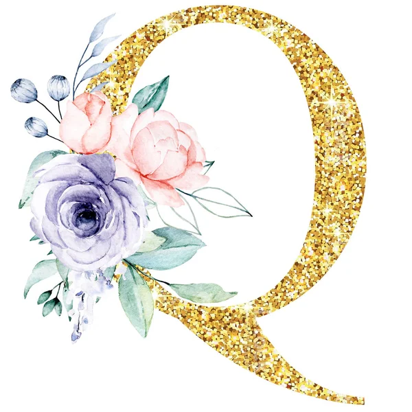 golden alphabet, letter Q with flowers and leaves, watercolor art painting, floral monogram