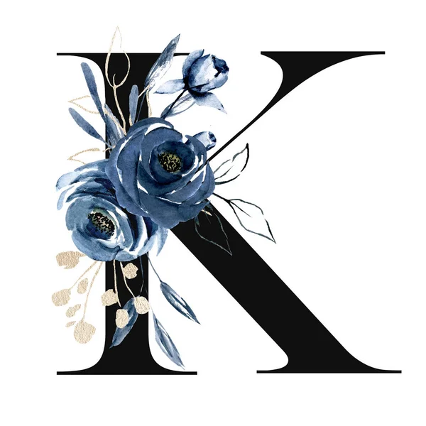 Cute Watercolor Art Painting Letter Flowers Leaves Floral Alphabet White — 스톡 사진