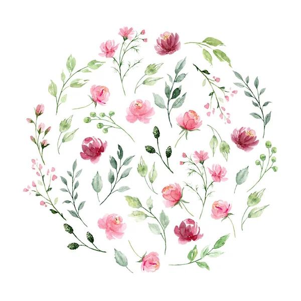 Floral Κύκλος Νερομπογιές Καλοκαιρινά Λουλούδια Και Φύλλα Απομονωμένα Λευκό Φόντο — Φωτογραφία Αρχείου