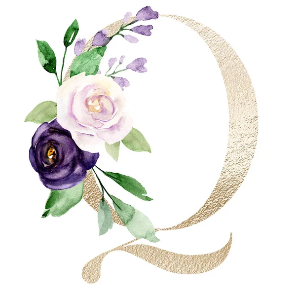 水彩画 花と葉の文字Q 花のアルファベット — ストック写真