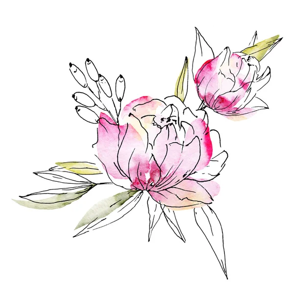 Watercolor Bouquet Line Art Floral Elements — 스톡 사진