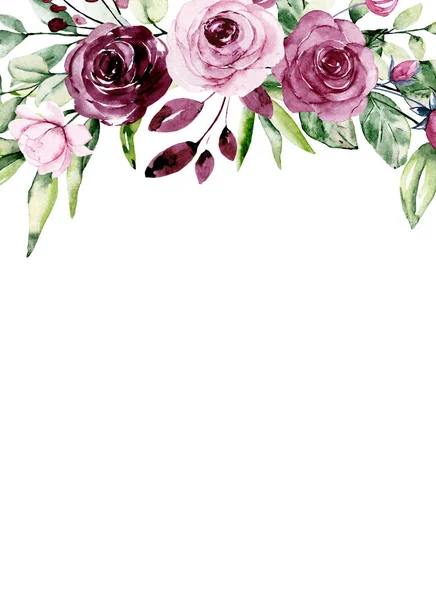 Blomsterramme Border Design Med Akvarel Maleri Blomster Blade - Stock-foto