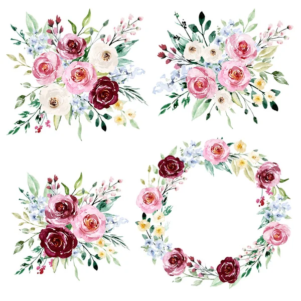 Watercolor Floral Set Flowers Bouquets Wreaths Isolated White — 스톡 사진