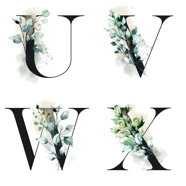 Цветочный Алфавит Буквы Акварельными Цветами Креативный Дизайн Инициалы Монограммы — стоковое фото