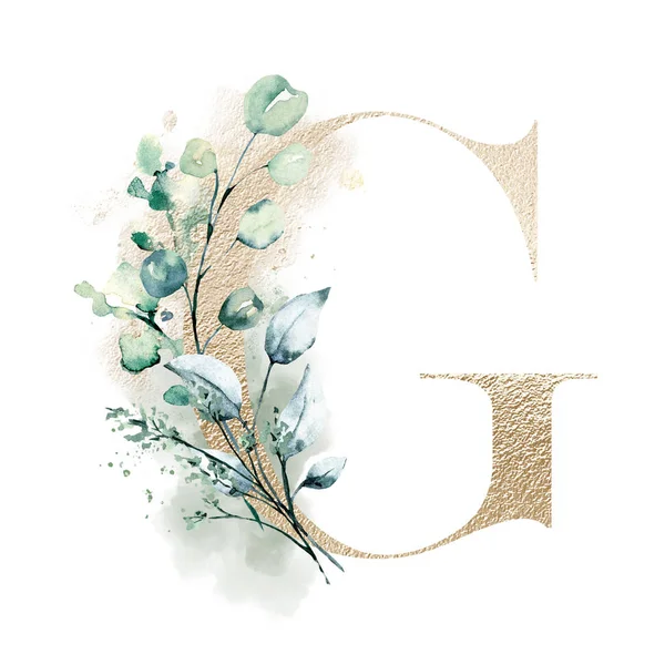 Beautiful Floral Letter Watercolor Flowers Leaves — 스톡 사진
