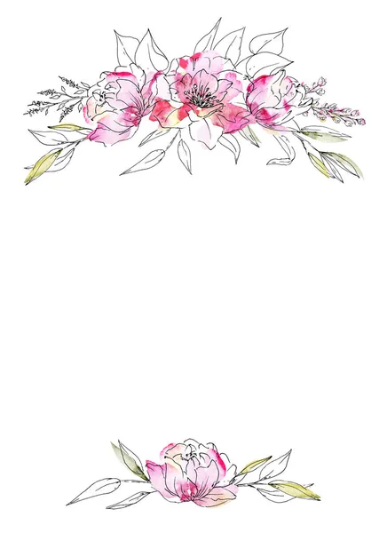 Cadre Floral Bordure Design Avec Aquarelle Peinture Fleurs Feuilles — Photo