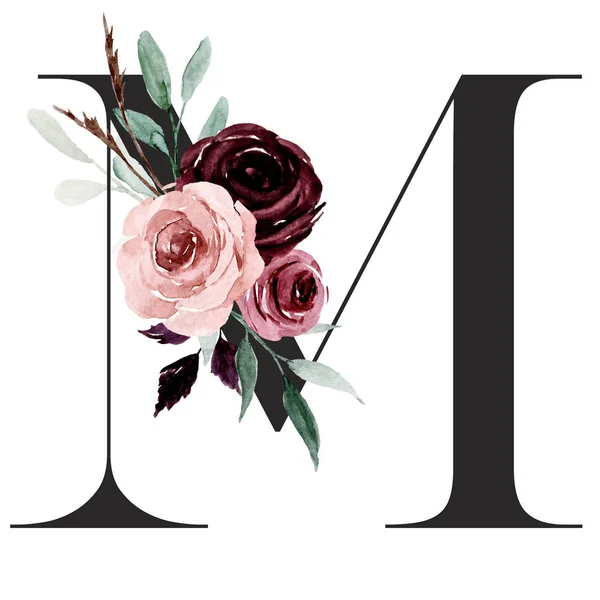 Schattig Aquarel Kunst Schilderen Letter Met Bloemen Bladeren Bloemen Alfabet — Stockfoto