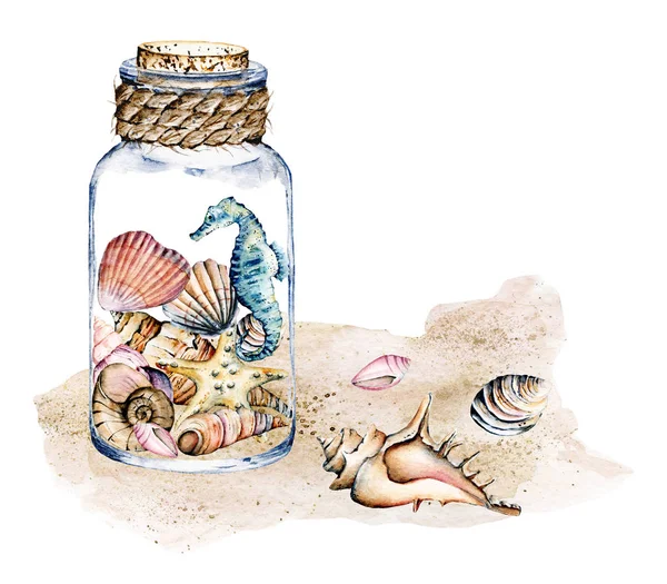 Akvarell Konst Målning Burk Med Havet Element Sand — Stockfoto