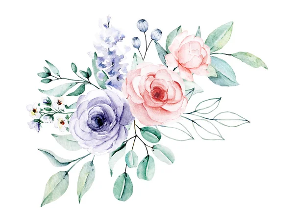 Watercolor flowers with leaves, hand painting floral concept