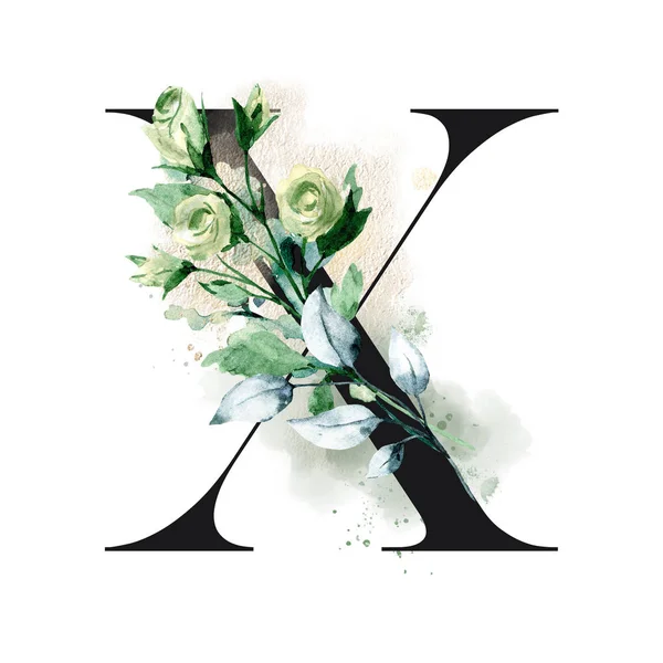 美丽的花字母X 有水彩花和叶子 — 图库照片
