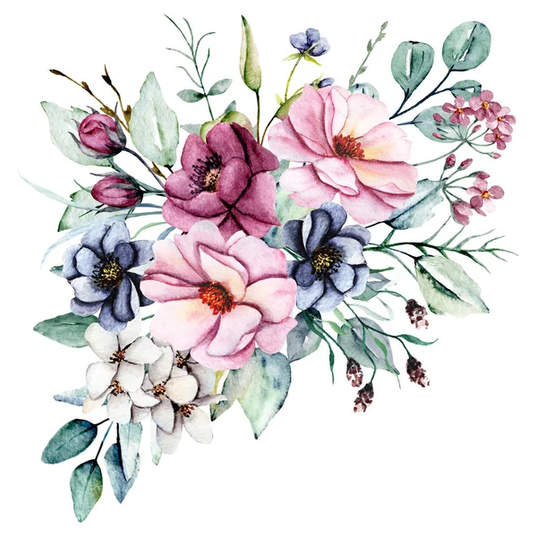 Aquarell Blumen Mit Blättern Handmalerei Florales Konzept — Stockfoto