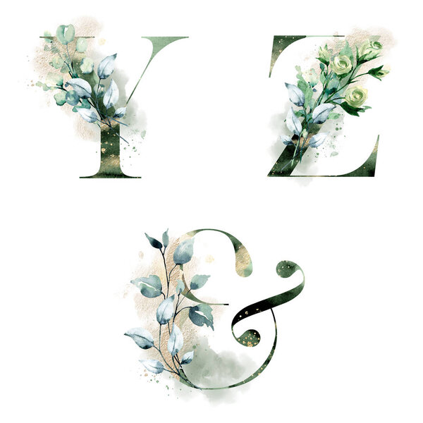 цветочный алфавит, буквы Y, Z и амперсанд с акварельными цветами, креативный дизайн, инициалы монограмм
