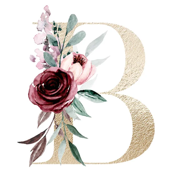 cute watercolor art painting, letter B with flowers and leaves, floral alphabet on white background