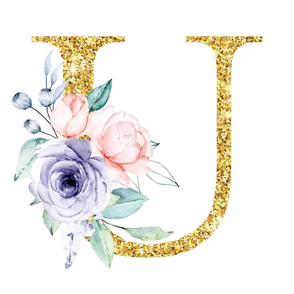 golden alphabet, letter U with flowers and leaves, watercolor art painting, floral monogram