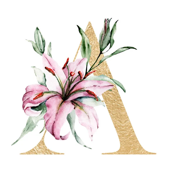 Alfabeto Floral Hermosa Letra Decorado Con Flores Hojas Acuarela Pintura —  Fotos de Stock