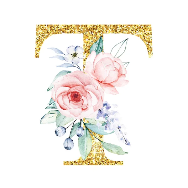 Golden Alphabet Letter Flowers Leaves Watercolor Art Painting Floral Monogram — 스톡 사진