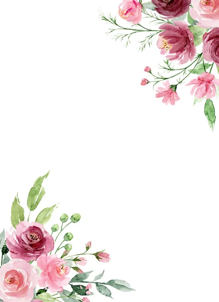 Design Borda Moldura Floral Com Flores Folhas Pintura Aquarela — Fotografia de Stock