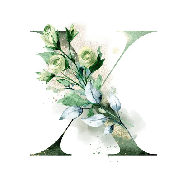 Vacker Blommig Bokstav Med Akvarell Blommor Och Blad — Stockfoto