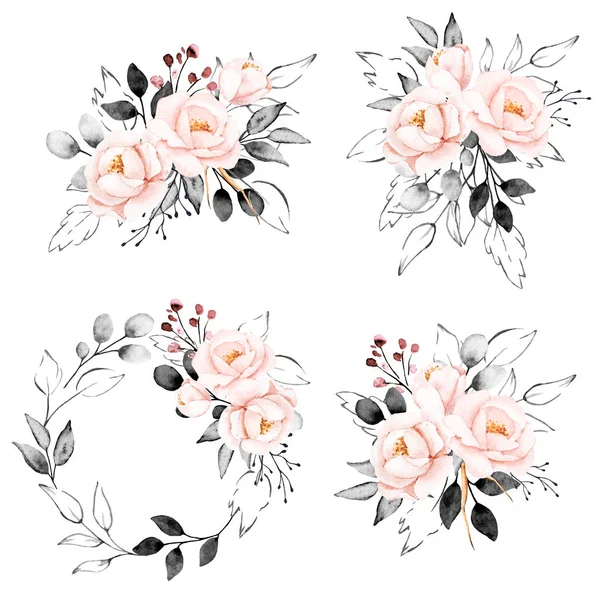 Watercolor Floral Set Flowers Bouquets Wreaths Isolated White — Stock Photo, Image