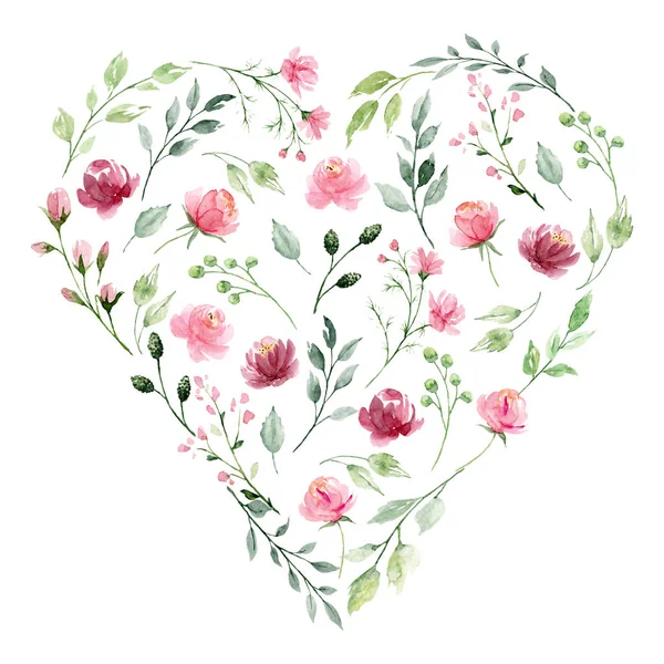 Цветочные Сердца Акварелью Летние Цветы Листья Изолированные Белом Фоне — стоковое фото